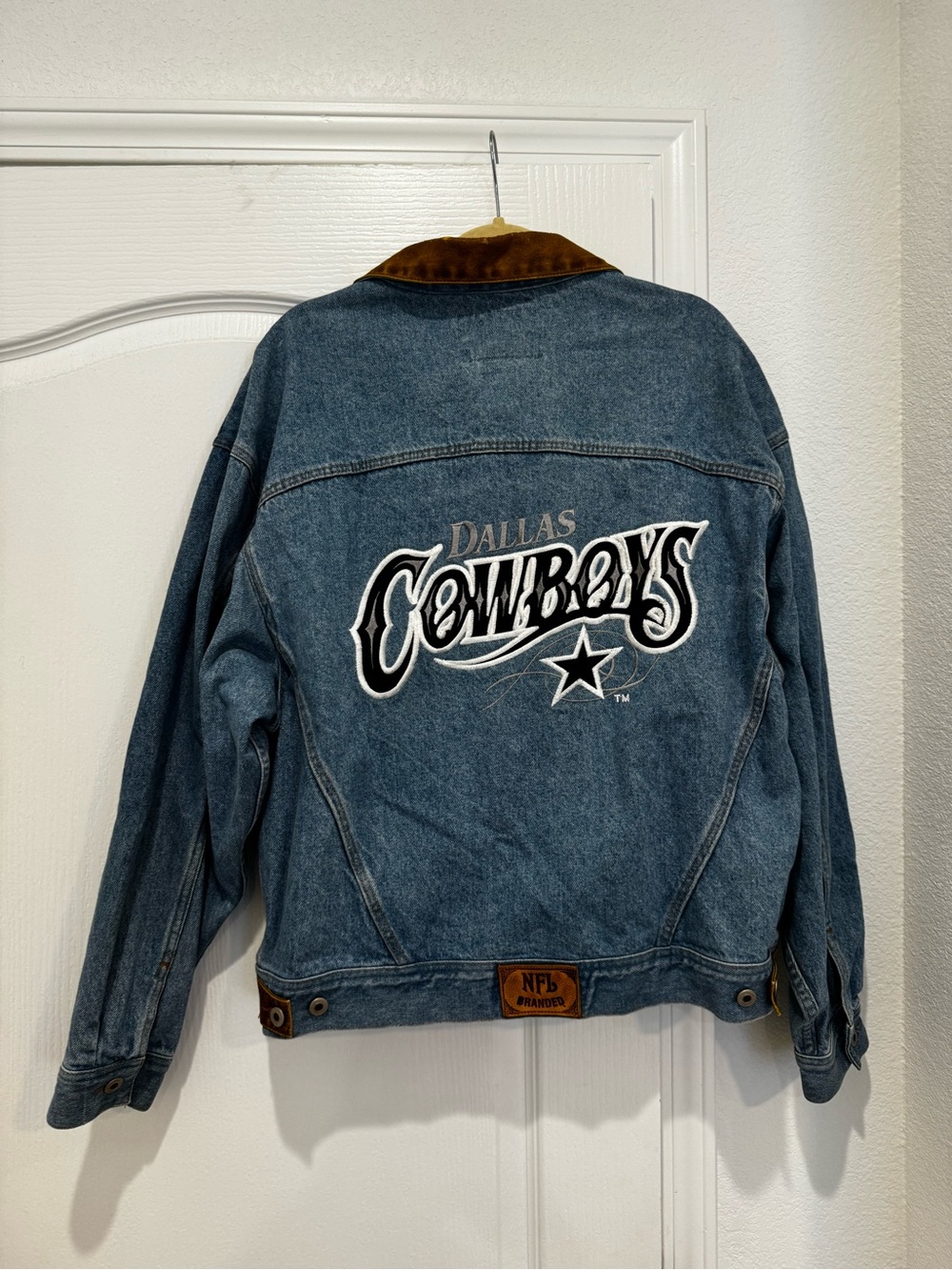 NFL Branded Blue Denim Jacket with Brown Leather Patch